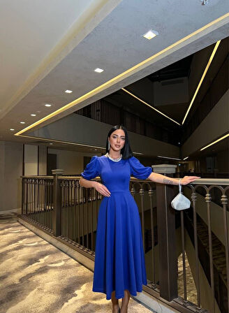 Kadın Bisiklet Yaka Kısa Kol Lastik Detay Uzun Elbise