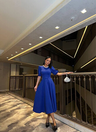 Kadın Bisiklet Yaka Kısa Kol Lastik Detay Uzun Elbise