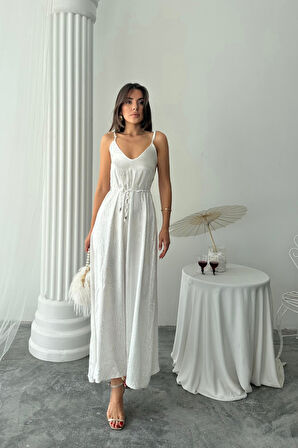 JAKAR SATEN DEGAJE ASKILI ELBİSE İP KEMERLİ - Beyaz