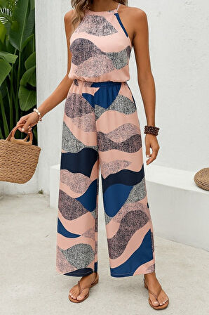 Kadın Omuzlardan Açık Boyundan Geçmeli Beli Lastikli Desenli Dalgıç Tulum