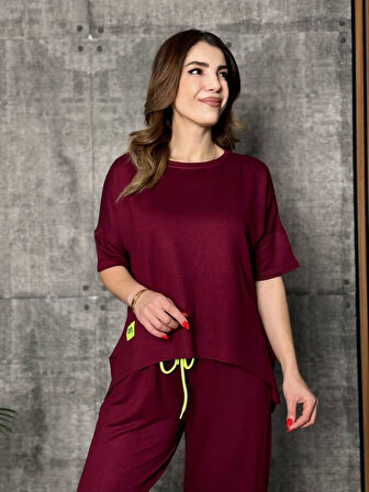 Kadın Kısa Kollu Bisiklet Yaka Viskon Iki Iplik Bluz Ve Pantolon Ikili Takım