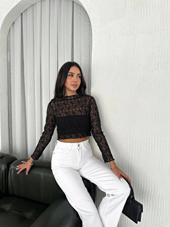 Dantel Uzun Kol Bluz- Siyah