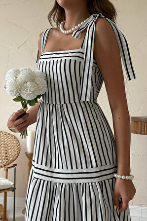 Siyah Omuzdan Bağlamalı Çizgili Elbise