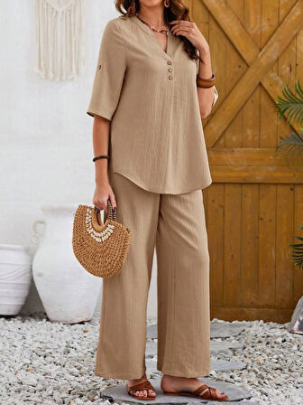 Kadın Kısa Kollu V Hakim Yaka Düğmeli Bürümcük Bluz Ve Pantolon Ikili Takım