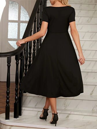 Kadın Kısa Kollu V Yakalı önden Pileli Midi Janjan Krep Elbise