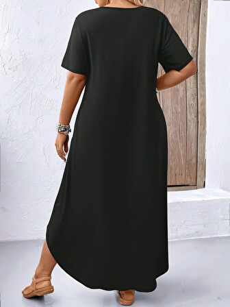 Kadın Kısa Kollu Bisiklet Yaka Cepli Salaş Viskon Elbise