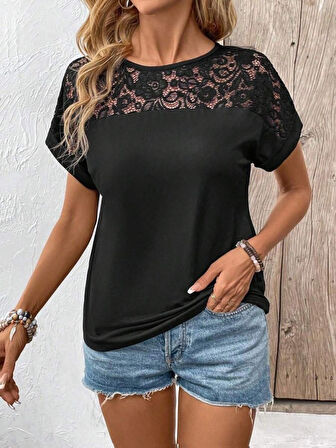 Kadın Kısa Kollu Bisiklet Yaka Dantel Detaylı Viskon Bluz