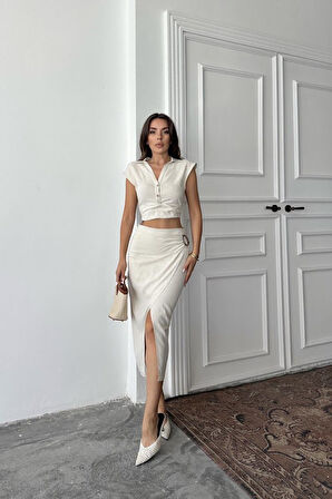 Bej Keten Gömlek Ve Etek Takım