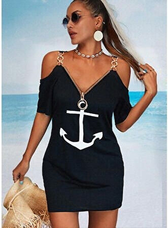 Fermuar Detay çıpa Baskılı Zincir Askılı Viskon Elbise