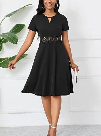 Kadın Kısa Kollu Yuvarlak Yaka Damla Detaylı Janjan Elbise