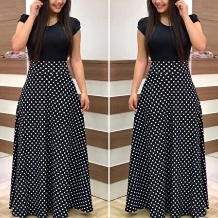 Kadın Kısa Kollu Puan Desen Tam Boy Krep Elbise