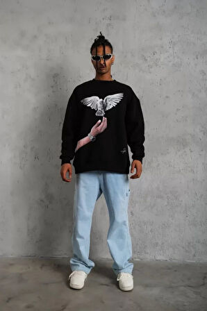 Erkek Güvercin Baskılı Sweatshirt - Siyah
