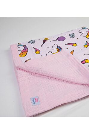 Unicorn Rüyası Pembe Bebek Battaniyesi, 80x80 Cm %100 Pamuk Muslin Kumaşlı Waffle Pike