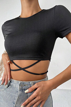 Kadın Siyah Yarım Kol Çapraz Bağlamalı Crop Top Bluz