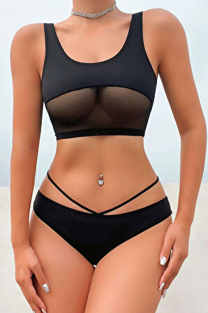 Kadın Siyah Çapraz Ip Detaylı Şık Bikini Takımı
