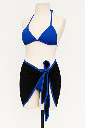 Kadın Mavi Pareolu Yandan ve Boyundan Bağlamalı 3'lü Bikini Takımı