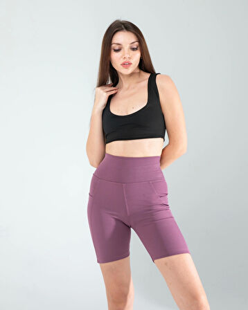 Lila Fitilli Push Up Toparlayıcı Biker Spor Tayt