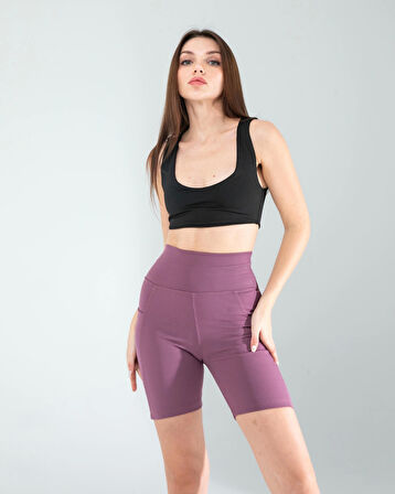 Lila Fitilli Push Up Toparlayıcı Biker Spor Tayt
