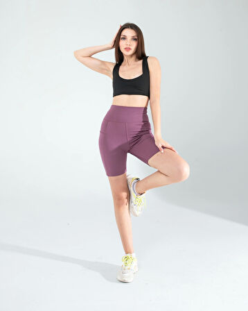 Lila Fitilli Push Up Toparlayıcı Biker Spor Tayt