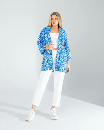 Çiçek Desen Mavi Kimono