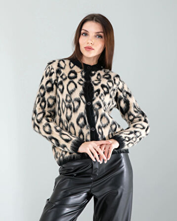 Camel Leopar Desen Sakal Triko Hırka