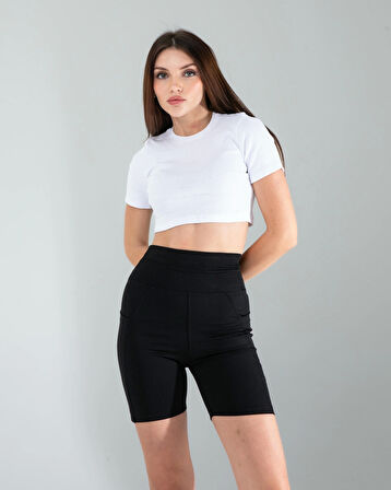Siyah Fitilli Push Up Toparlayıcı Biker Spor Tayt