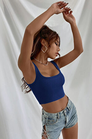 Kadın Lacivert Kalın Askılı Crop Top Büstiyer