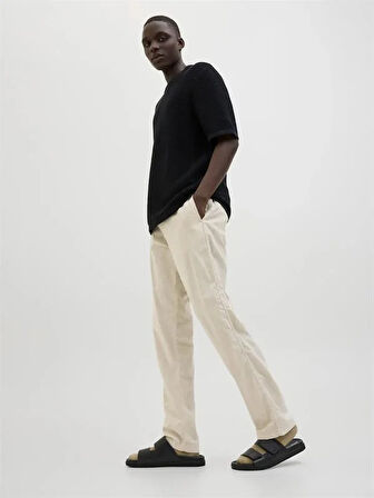 12274977 Beli Lastikli Relaxed Fit Saf Keten Erkek Pantolon Bej