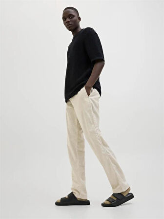 12274977 Beli Lastikli Relaxed Fit Saf Keten Erkek Pantolon Bej