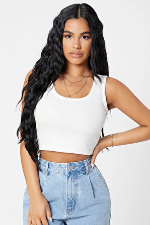 Kadın Beyaz Kare Yaka Crop Top Bluz