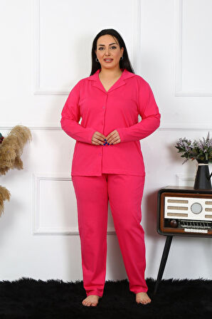 Kadın Büyük Beden Pamuklu Cepli Düğmeli Fuşya Pijama Takım 202401