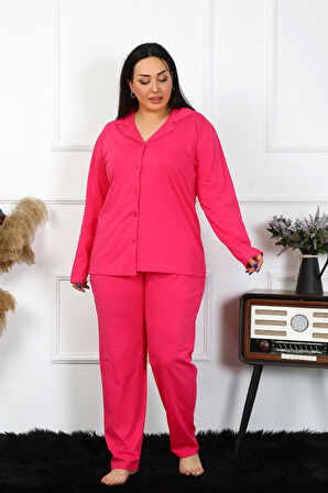 Kadın Büyük Beden Pamuklu Cepli Düğmeli Fuşya Pijama Takım 202401