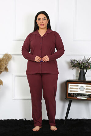 Kadın Büyük Beden Pamuklu Cepli Düğmeli Mürdüm Pijama Takım 202401