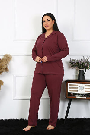 Kadın Büyük Beden Pamuklu Cepli Düğmeli Mürdüm Pijama Takım 202401