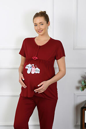 Kadın Kısa Kol Hamile Lohusa Pijama Takımı Bordo 45210