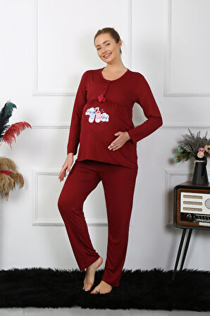Kadın Uzun Kol Hamile Lohusa Pijama Takımı Bordo 45501