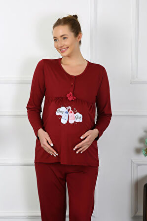 Kadın Uzun Kol Hamile Lohusa Pijama Takımı Bordo 45501
