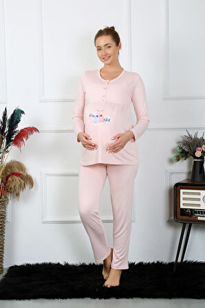 Kadın Uzun Kol Hamile Lohusa Pijama Takımı Pudra 45501