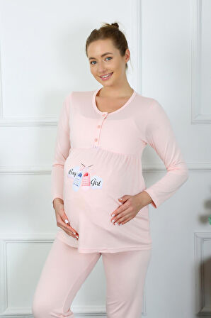 Kadın Uzun Kol Hamile Lohusa Pijama Takımı Pudra 45501