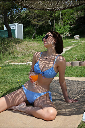 Kadın Yandan Bağlamalı Yarım Destekli Fiyonklu Alt Üst Bikini Takım Buz Mavisi 35014