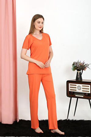 Kadın Kısa Kol Pamuk Penye Pijama Takım Turuncu 4213