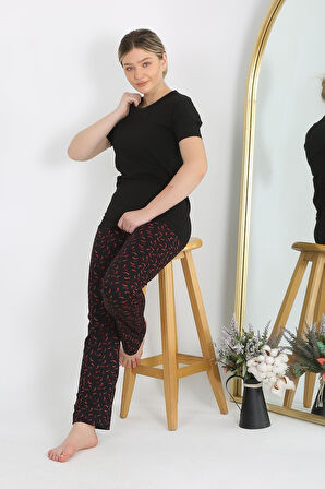 Kadın Kısa Kol Pamuk Penye Pijama Takım Siyah 4214