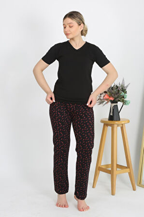 Kadın Kısa Kol Pamuk Penye Pijama Takım Siyah 4214