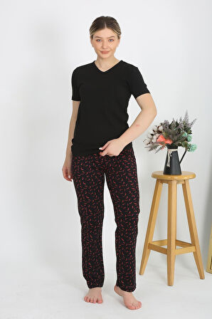 Kadın Kısa Kol Pamuk Penye Pijama Takım Siyah 4214