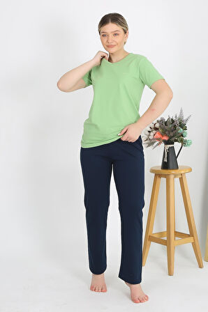 Kadın Kısa Kol Pamuk Penye Pijama Takım Fıstık Yeşili 4215