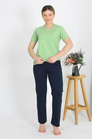 Kadın Kısa Kol Pamuk Penye Pijama Takım Fıstık Yeşili 4215