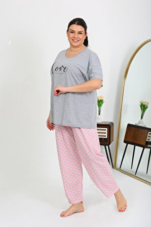 Kadın Büyük Beden Kısa Kol Penye Pijama Takımı Gri 202408