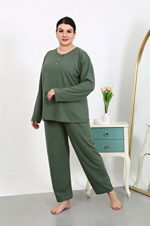 Kadın Büyük Beden Uzun Kol Penye Pijama Takımı Haki 202501