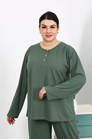 Kadın Büyük Beden Uzun Kol Penye Pijama Takımı Haki 202501