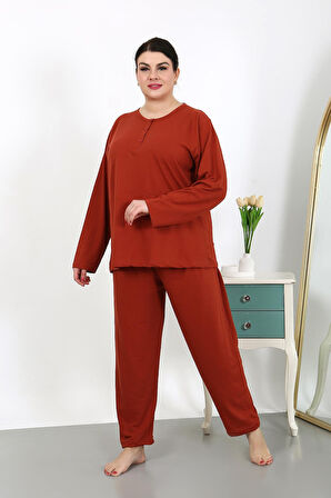 Kadın Büyük Beden Uzun Kol Penye Pijama Takımı Kiremit 202501